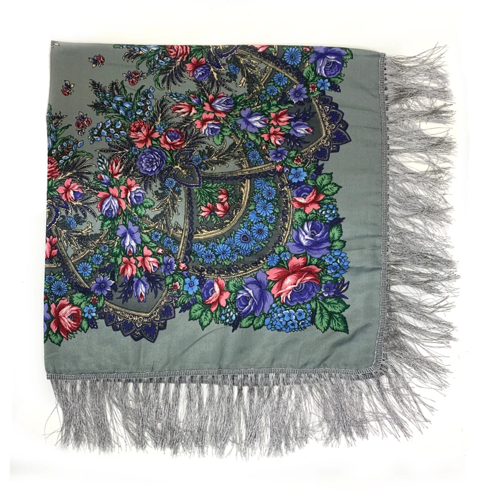 135*135cm Luxury Floral Print Russian Square Scarf Women Flower Printed Bandana Scarves Ukrainian Fringed Shawl Travel Sunshade