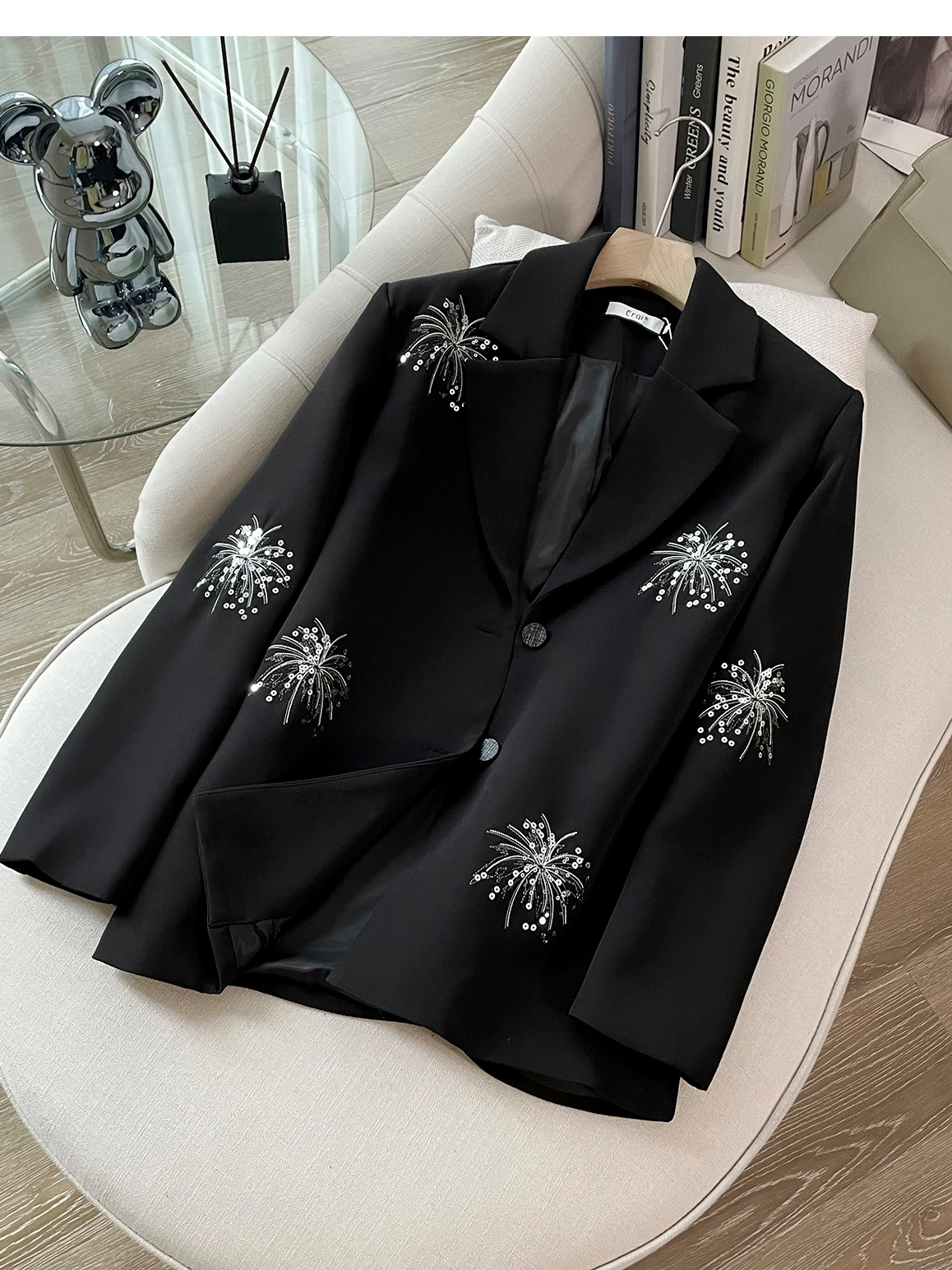 Veste de costume fluide pour femme avec broderie lourde et sequins, aspect premium, pour le quotidien, coupe ample, manches longues