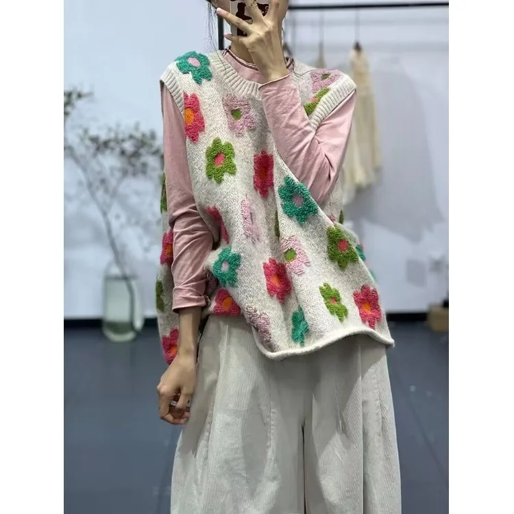 سترة نسائية مطبوعة ثلاثية الأبعاد لخريف وشتاء جديدة على الطراز الياباني فنية جديدة لطيفة وفضفاضة برقبة مستديرة صدرية محبوكة ع...
