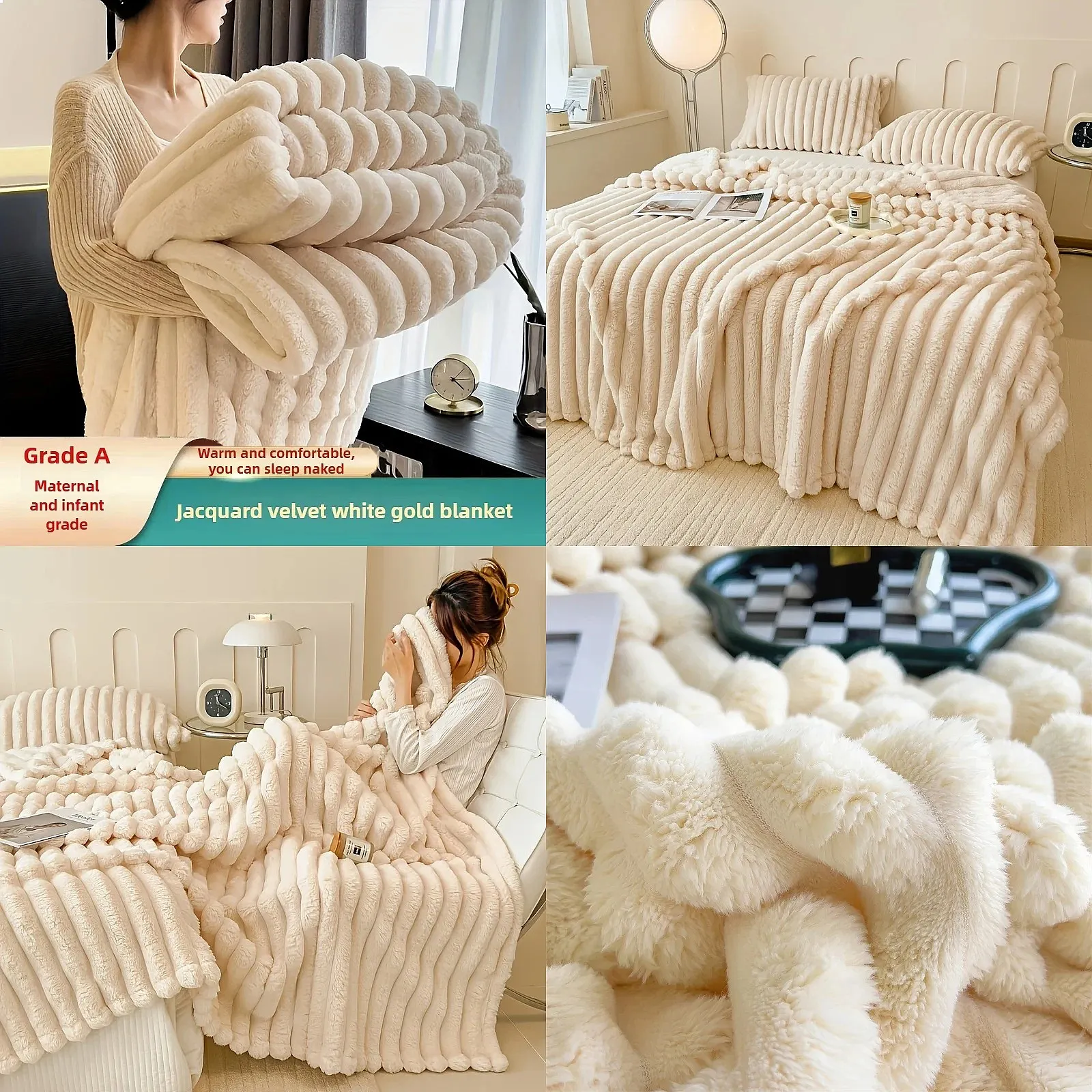 Luxury Soft Fluffy Faux Rabbit Fur Throw Blanket Warm Plush Couch Bed Cover Solid Color Simple Double Check Spring Autumn