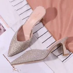 Heeled Sandals Pointed Toe Shoes for Women Mules Rhenstone Slides Outside Woman Slippers Jewels Job Crystals Waterproof B Vip W