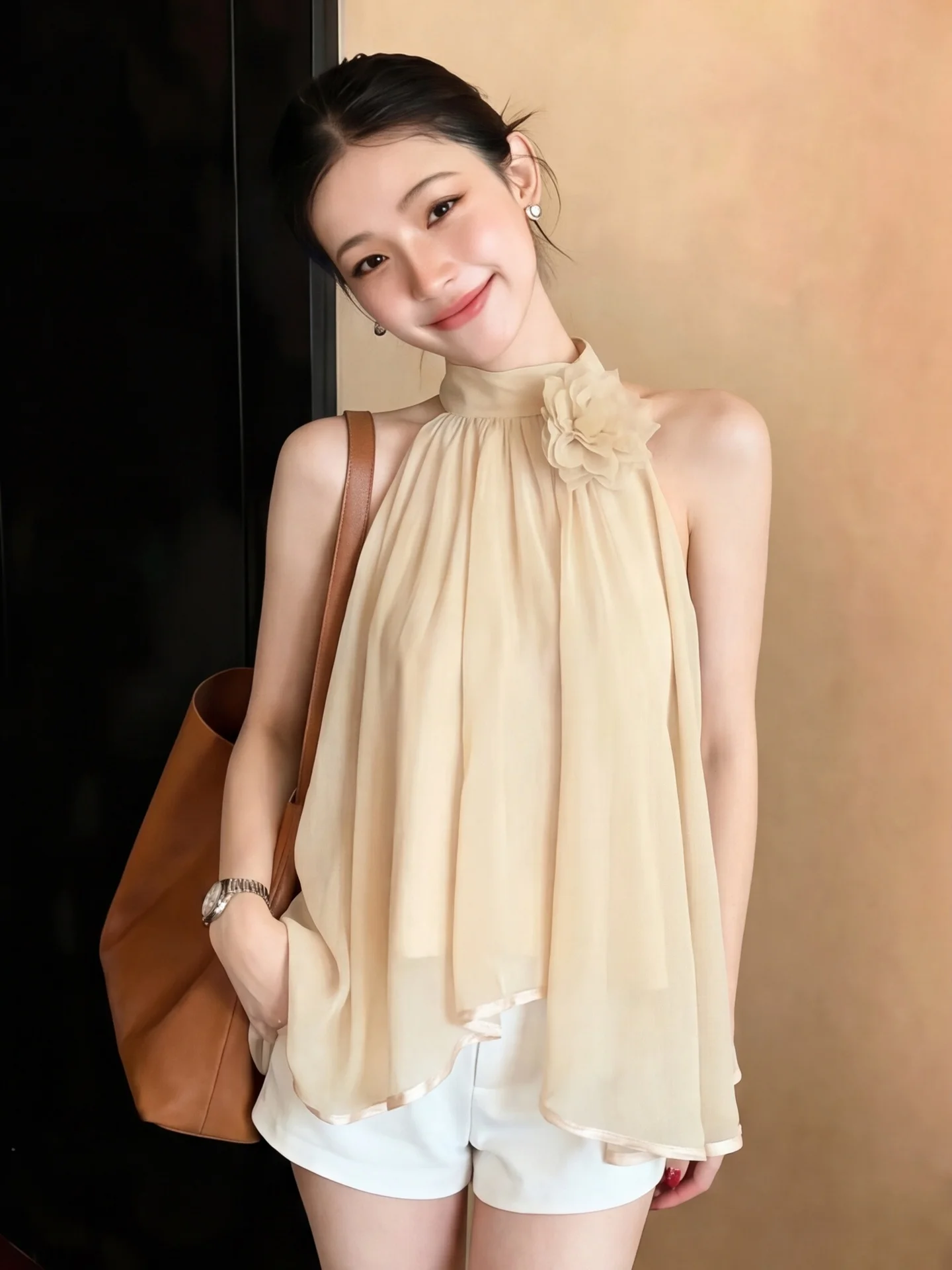 

Pure Desire Floral Sleeveless Shirt Women Summer Design Shoulder Exposure Chiffon Top Elegant Maturity Beautiful Small Top