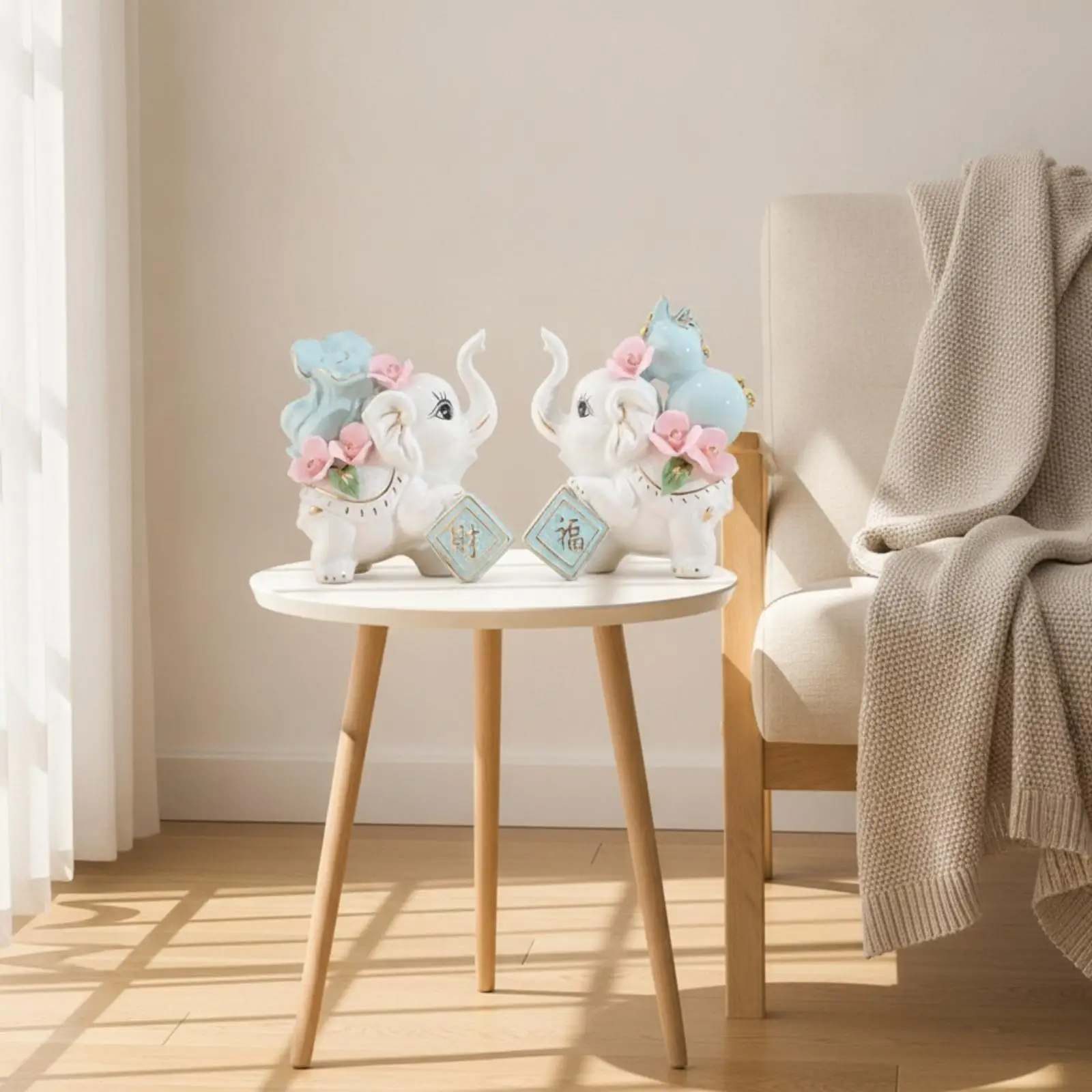 Elephant Statues with Plaques Glossy Elephant Couple Statue Feng Shui for Office