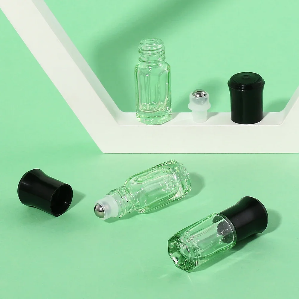 Mini botellas enrollables de vidrio portátiles con forma octogonal, 3 uds., 3ml, con bola de acero, perfectas para viajar y almacenar cosméticos