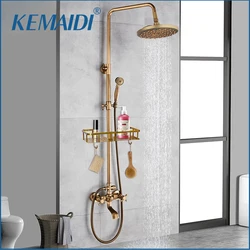 KEMAIDI Antique Brass Shower Faucets Set Rainfall Shower Head with Commodity Shelf Shower Systyerm Mixer Tap w/ Swivel Spout