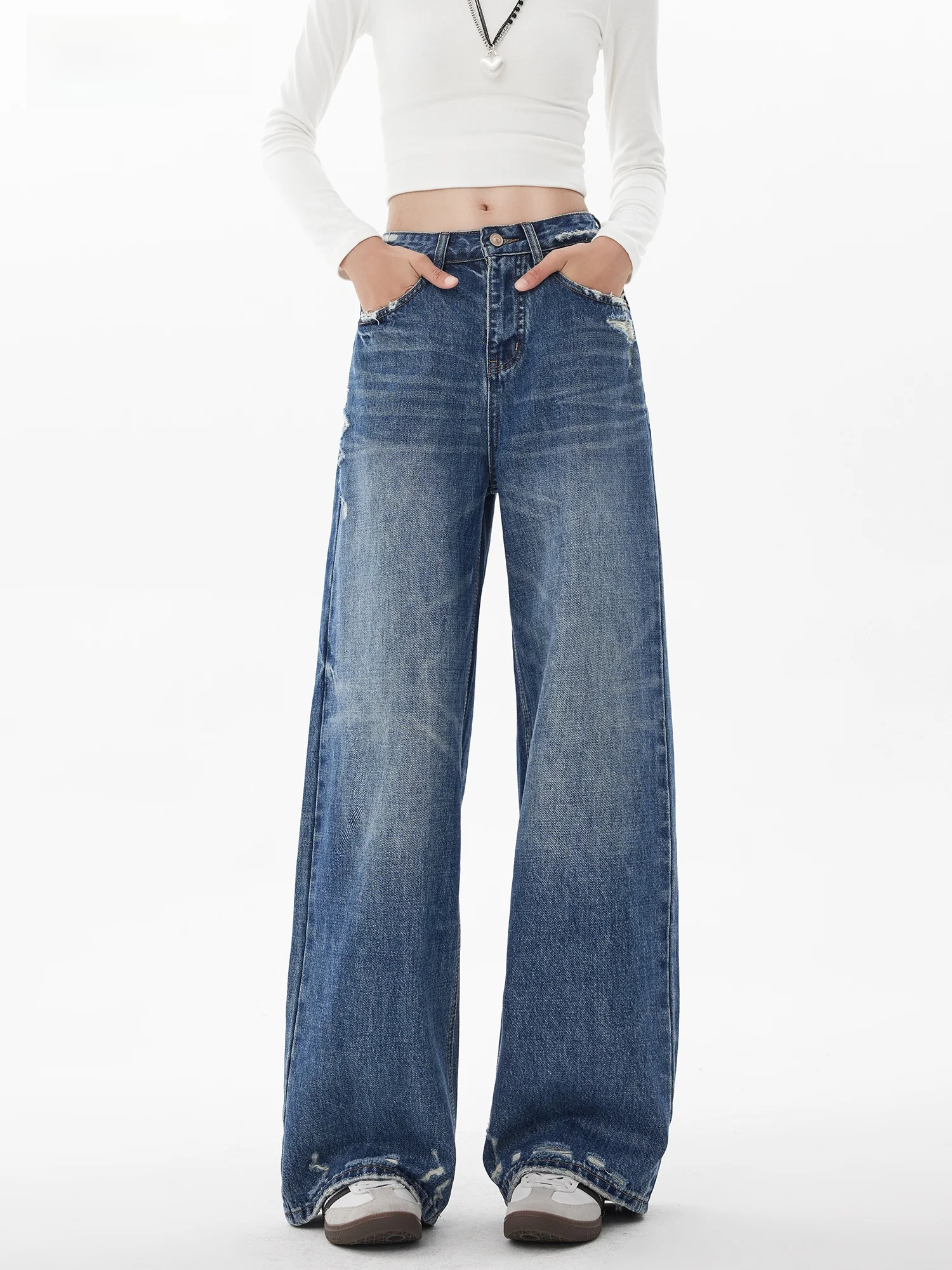 

Женские прямые джинсы свободного кроя, с эффектом потертости, утягивающие, повседневные широкие брюки, осень-зима, синий хлопковый деним