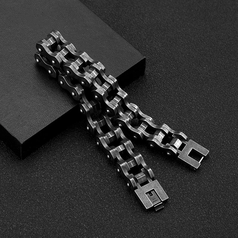 MKENDN Vintage Oxidized Black Bicycle Link Chain Bracelets for Men Stainless Steel Punk Motorcycle Charm Bracelets Male Pulseira