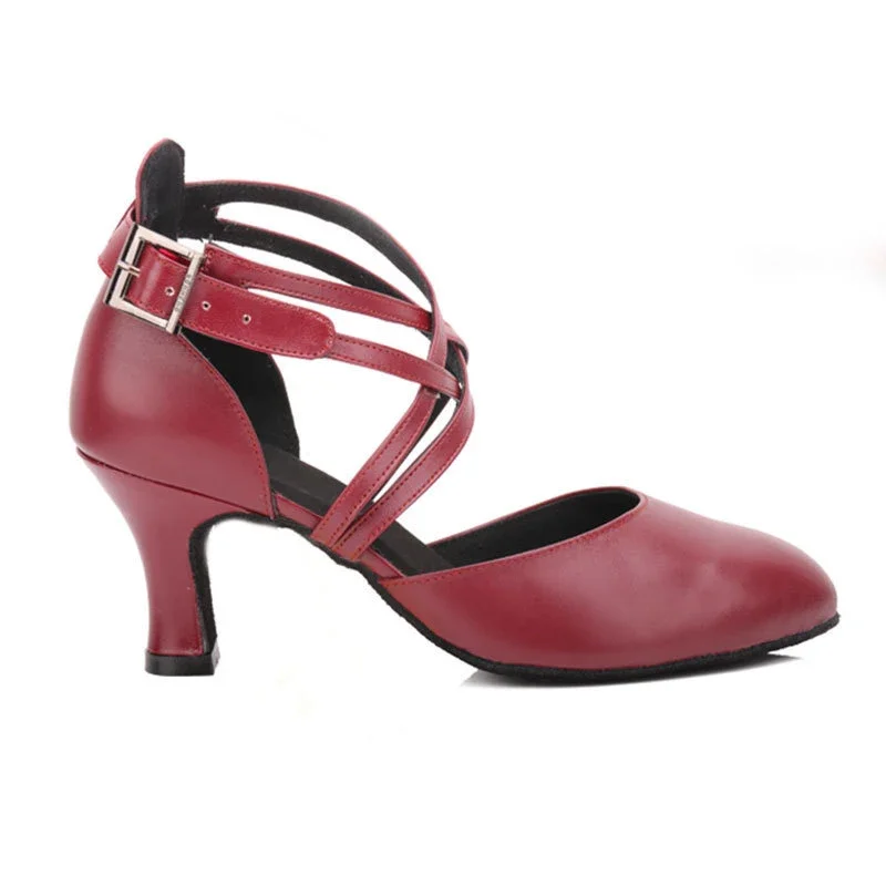 Zapatos de baile de salón de Tango latino de cuero genuino negro y rojo para mujer, zapatos de Salsa con punta cerrada para mujer, tacón alto de talla grande