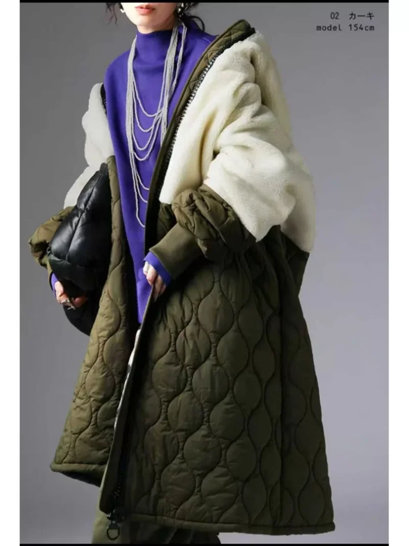 2002 Autumn/Winter New Japanese Fashion Splicing Clip Cotton Coat Women's Argyle Oversized Loose Warm Outerwear j1866