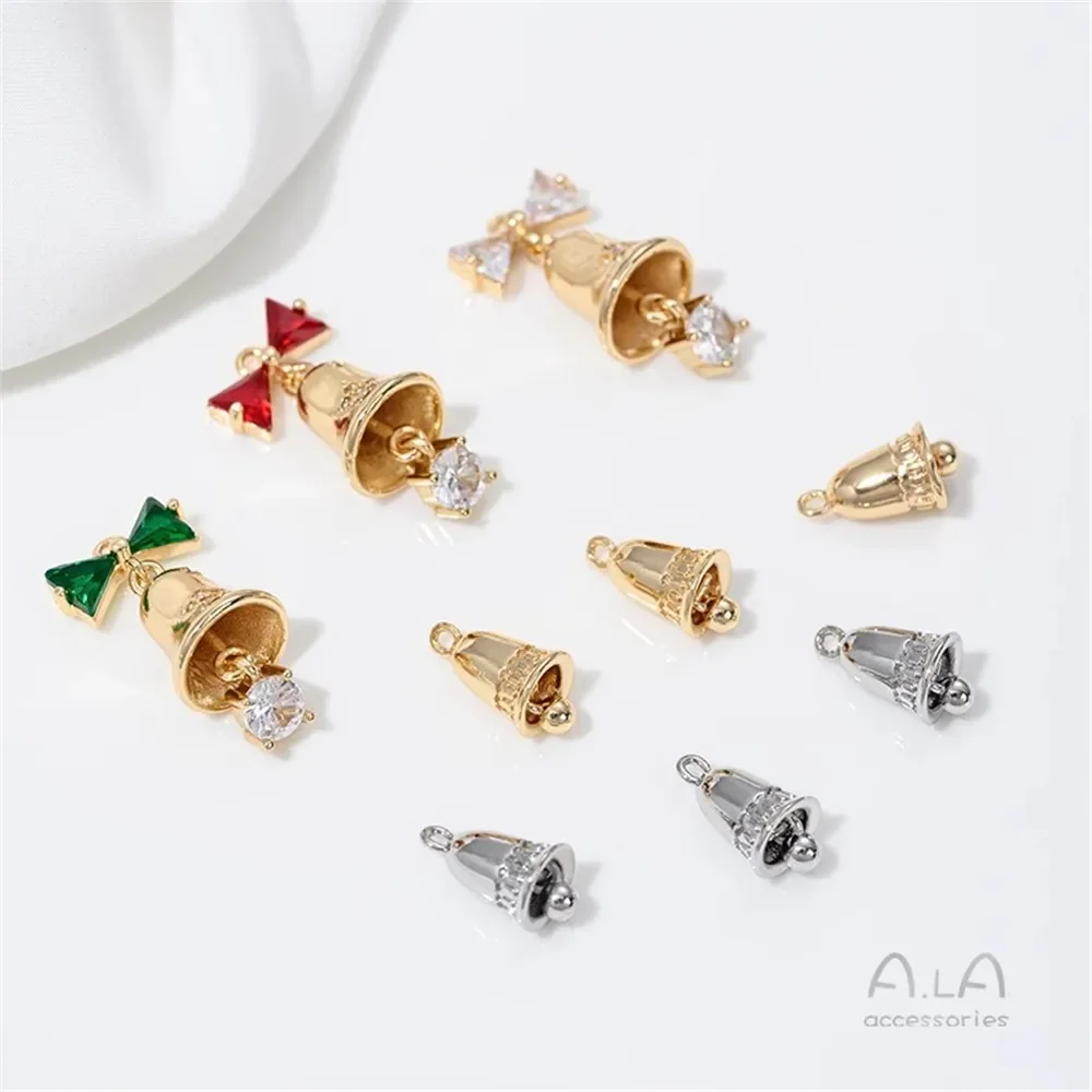 Gold-plated Inlaid Zircon Bow Bell Pendant DIY Handmade Bracelet Necklace Christmas Jewelry Pendant