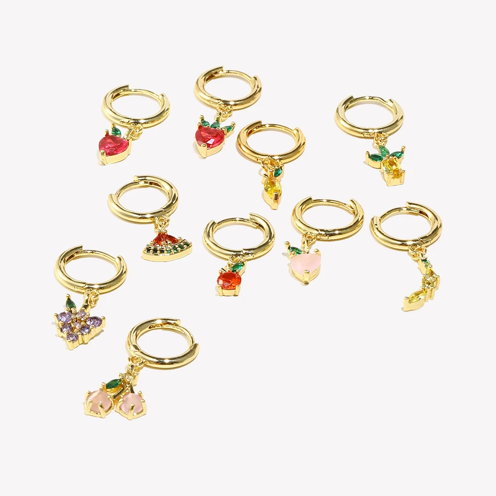 E.B.belle  Summer Hot Gold Color Filled CZ Fruit Grape Apple peach Cherry Charm Hoop Earrings Girl\'s Cute Small Hoop Earring