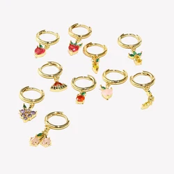 E.B.belle  Summer Hot Gold Color Filled CZ Fruit Grape Apple peach Cherry Charm Hoop Earrings Girl's Cute Small Hoop Earring