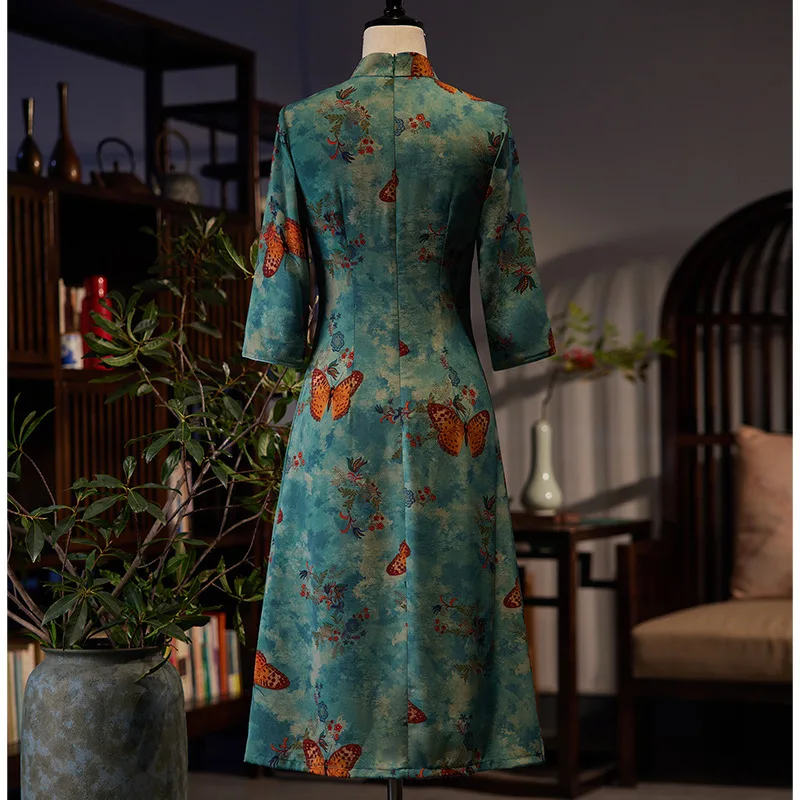 FZSLCYIYI Elegant Chinese Drop Collar Butterfly Printed Satin Qipao Women Retro A-Line Cheongsam Dresses