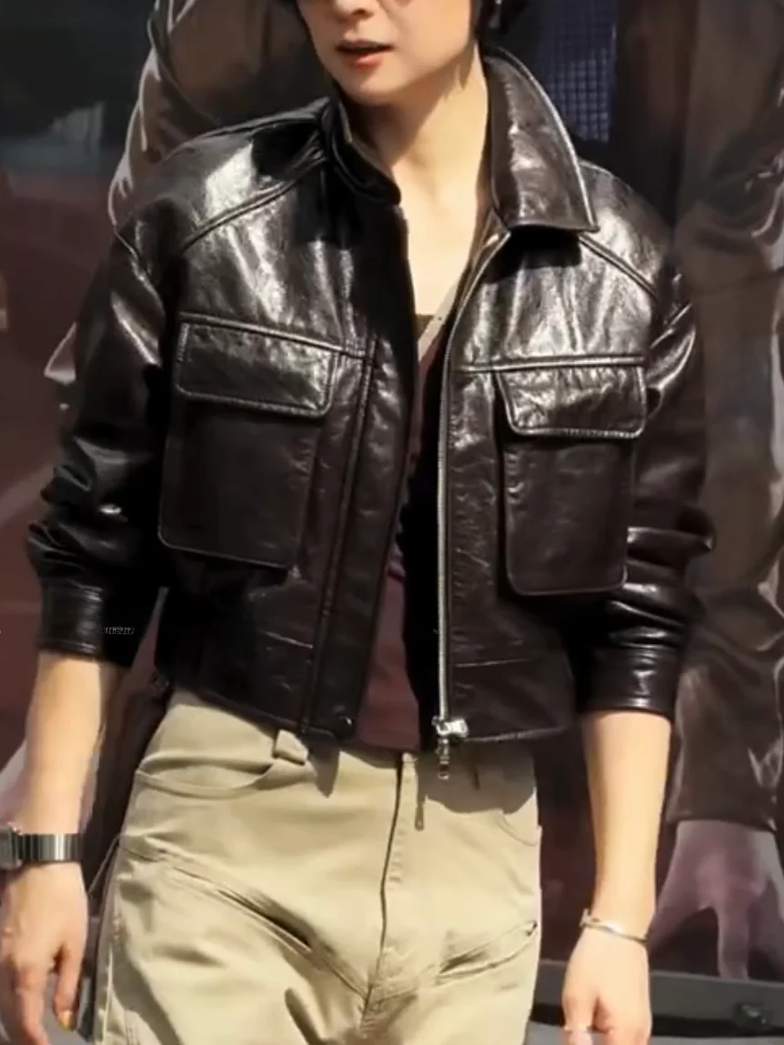 

Slim Fit eepskin Leather Jaet Zipper Motorcycle Jaet Women's Faionable ort Outerwear Long Sve Square Collar