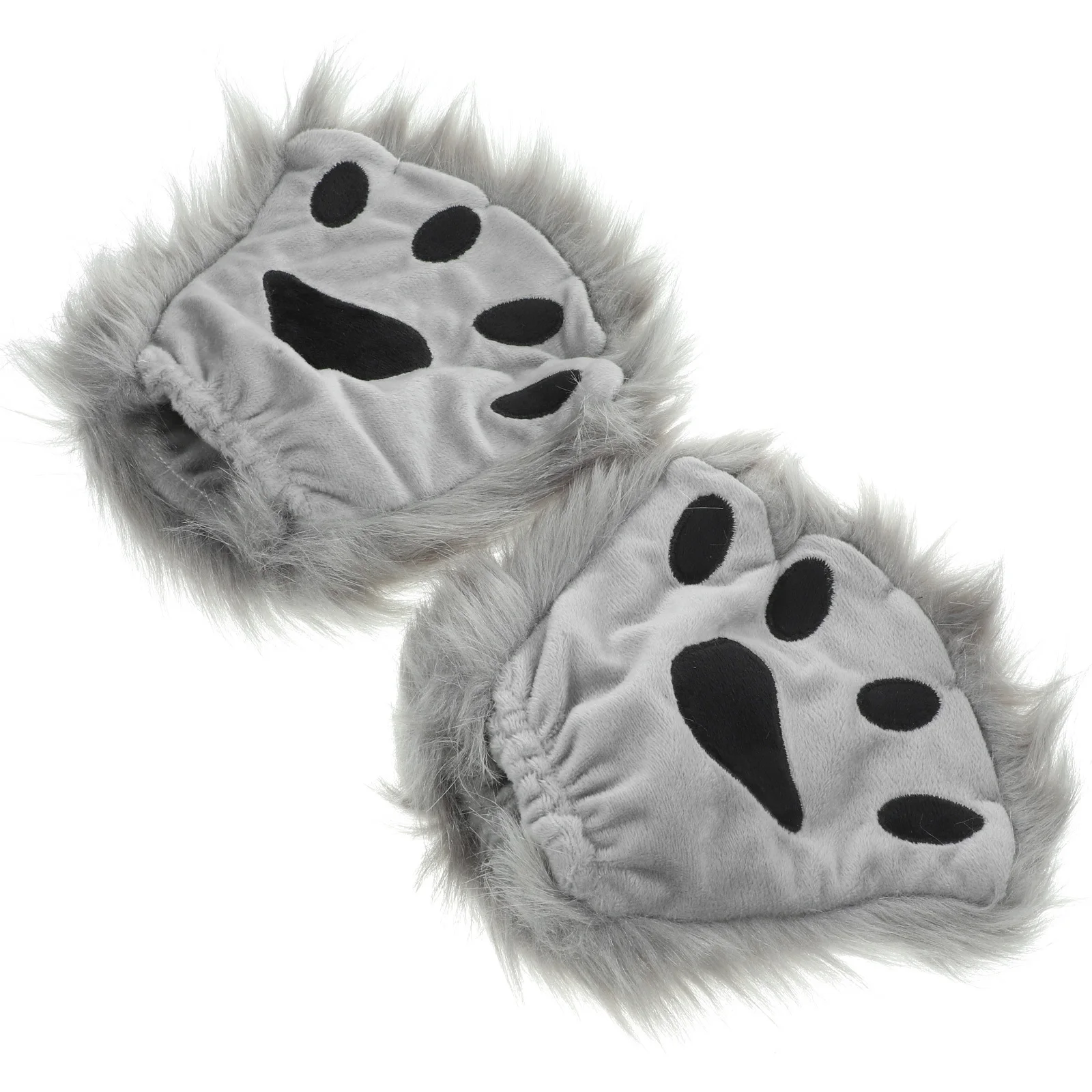 

A Pair of Grey Animal Paw Gloves Halloween Warm Half-Finger Mittens Long Hair for Cosplay Daily Wear Paws Gloves