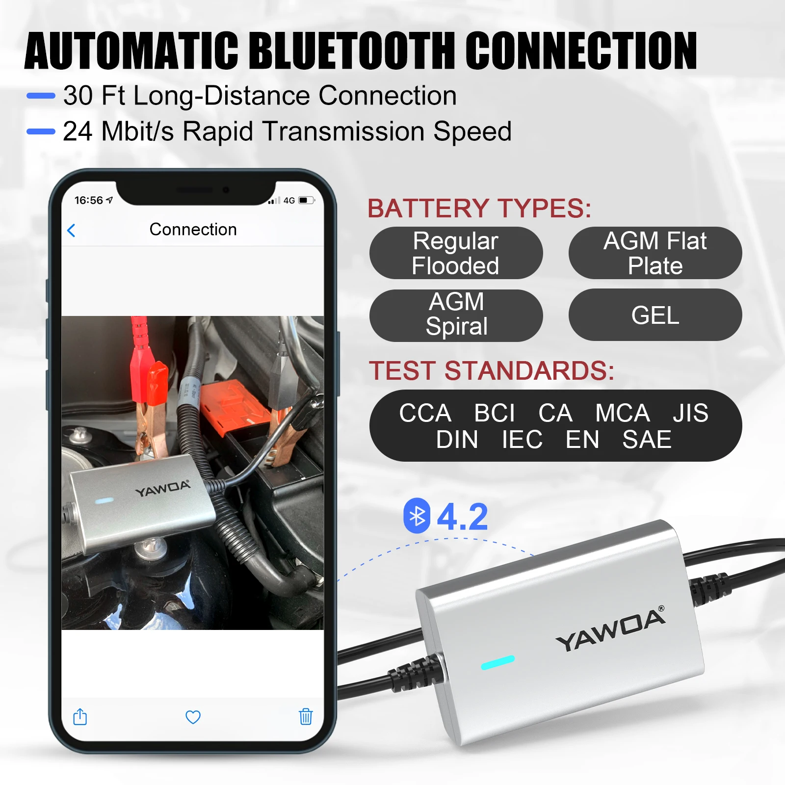 Car Battery Tester 6V/12V/24V Bluetooth 4.0 BM500 Car Cranking and Charging System Test for 100-2000 CCA Battery Load Tester