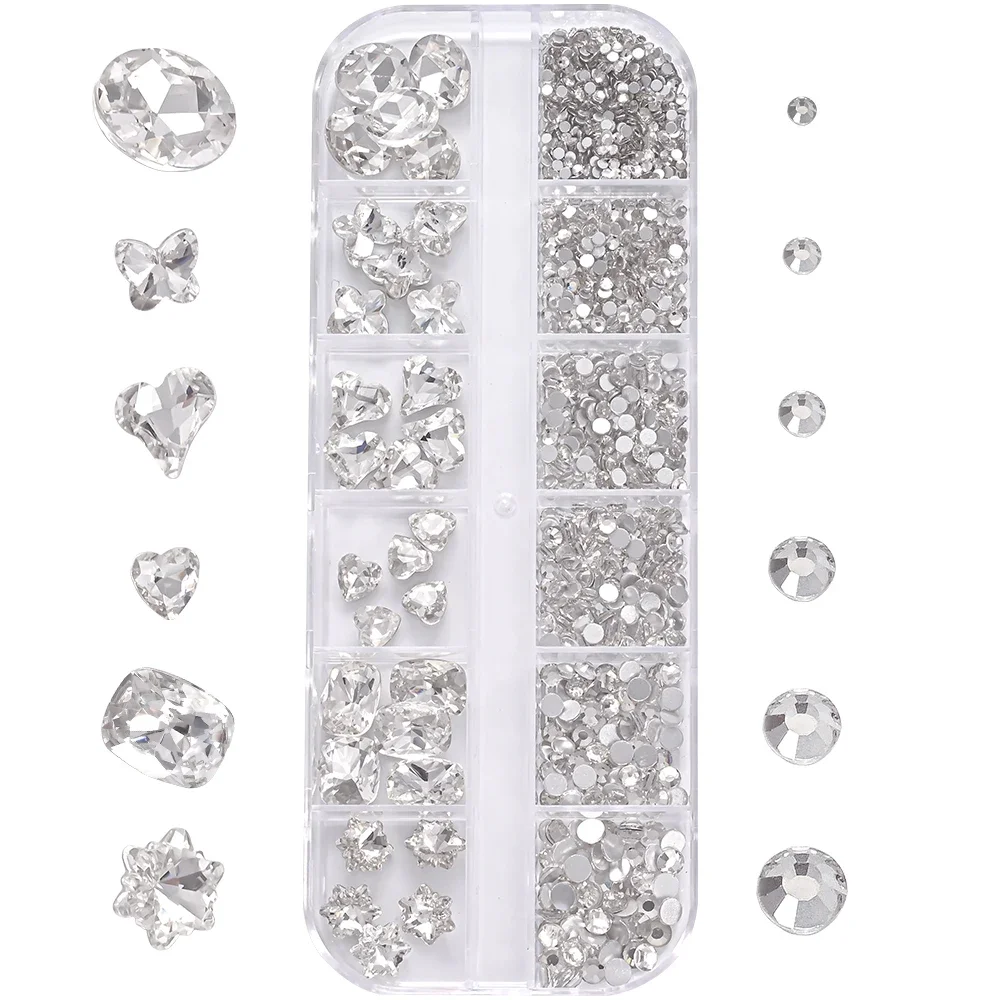 1 caja de diamantes de imitación 3D transparentes para decoración de uñas, 12 formas ovaladas mixtas, mariposa, corazón, flor, dijes redondos de diamantes para uñas, decoración artística de uñas DIY