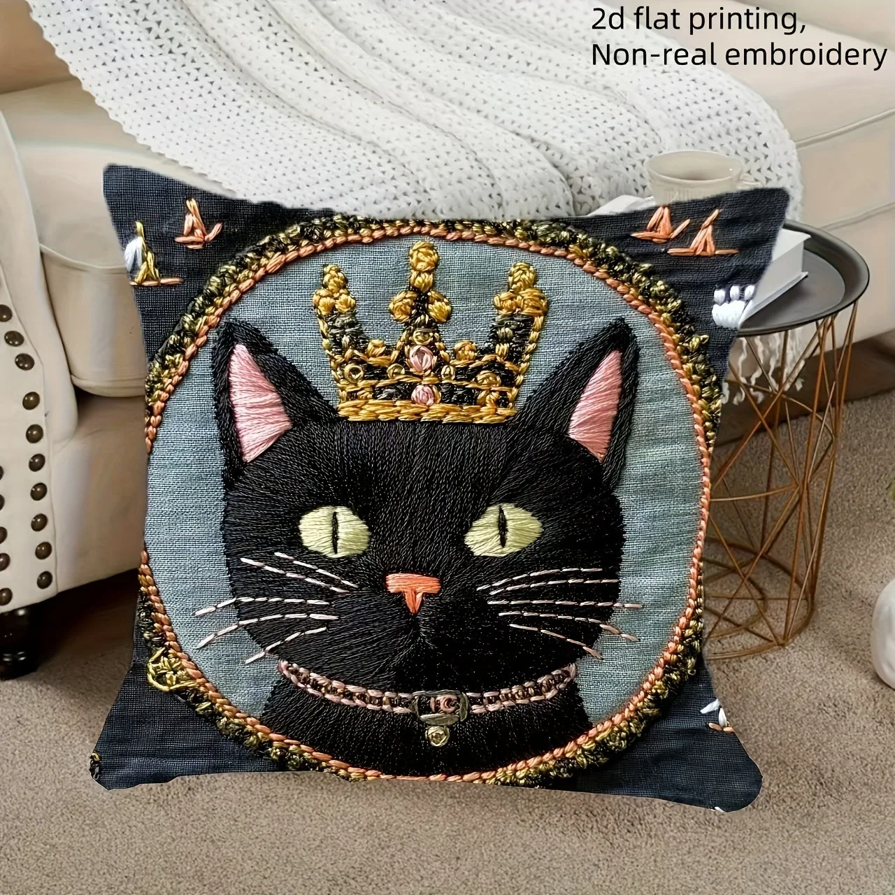 Adorable Black Cat with Crown Double Sided Pillowcase, 2D Print Decorative Cushion Cover for Home, Insert Not Included