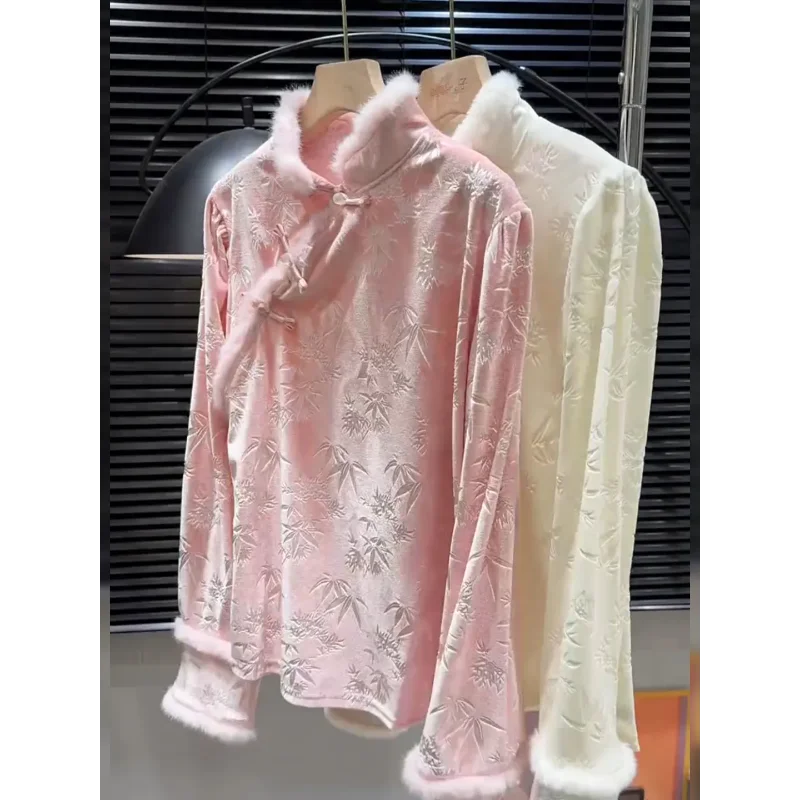 

New Chinese Style Pink Velvet Top with Women's Design Sense Western-style Age Reducing Unique Shirt All Match Fashion Top