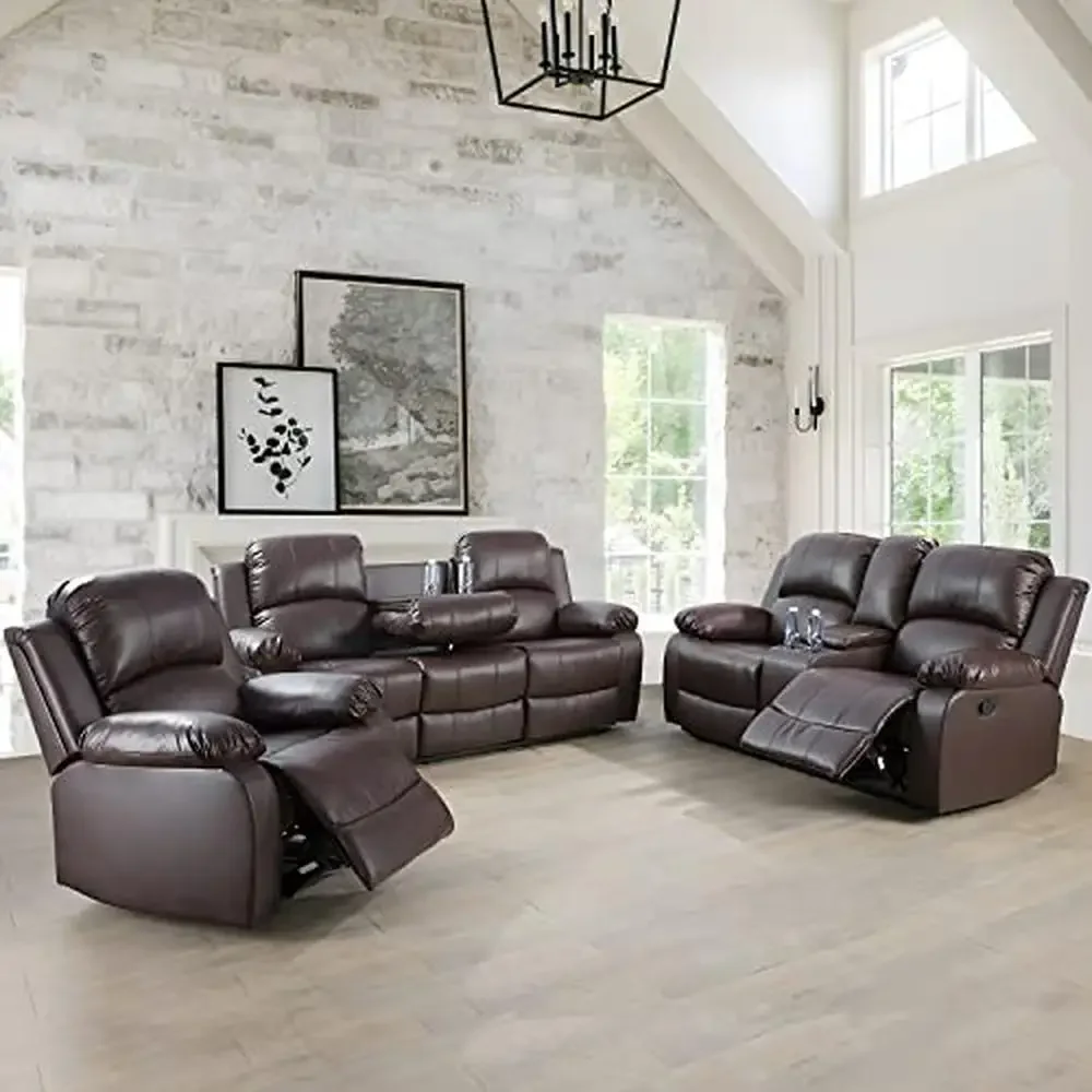 3-Piece Leather Recliner Sofa Set Living Room Furniture Manual Reclining Couch and Loveseat with Cup Holders Easy Assembly