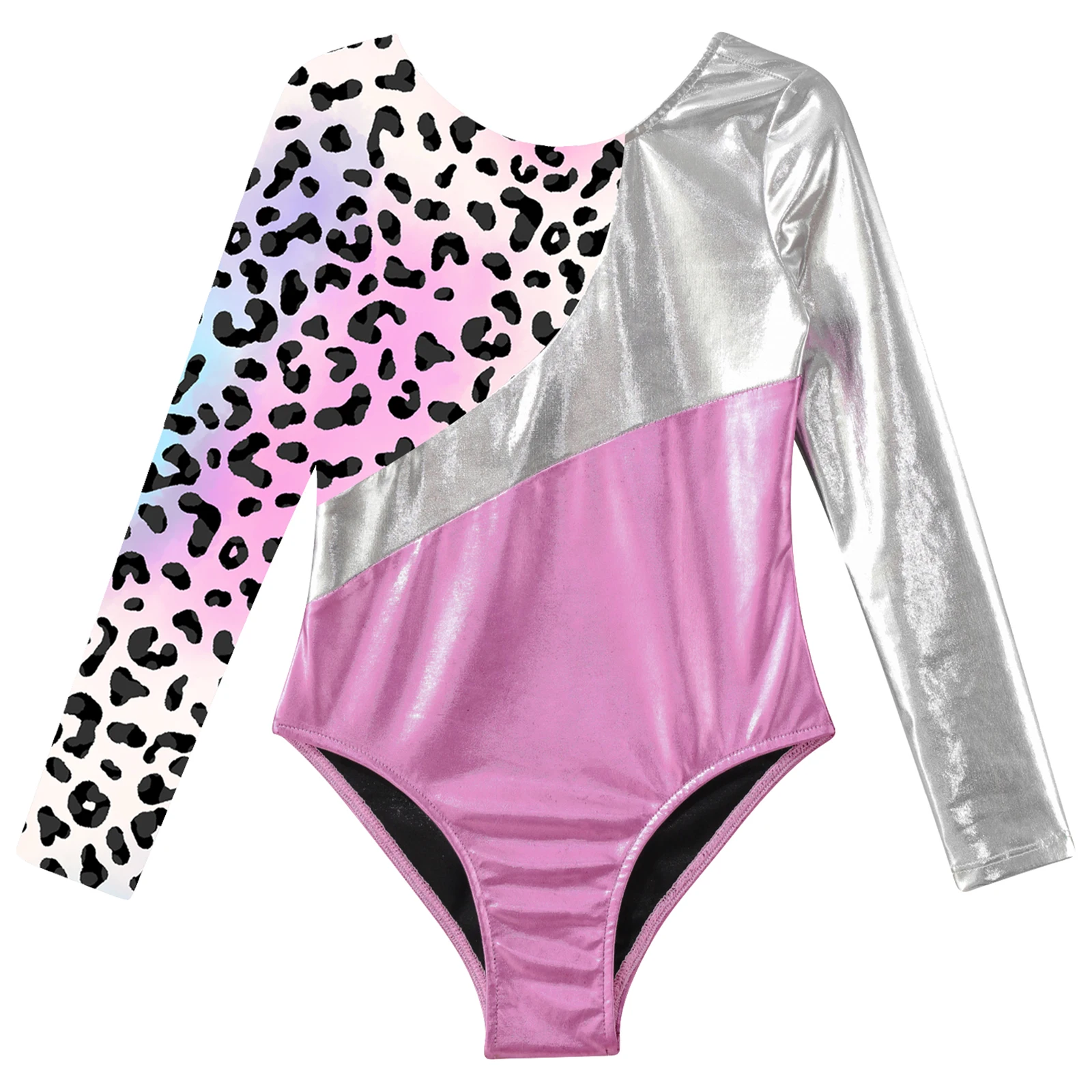 Kids Girls Print Metallic Patchwork Gymnastics Leotard Long Sleeve Skating Dance Jumpsuit Yoga Teens Tutu Ballet Dance Leotards