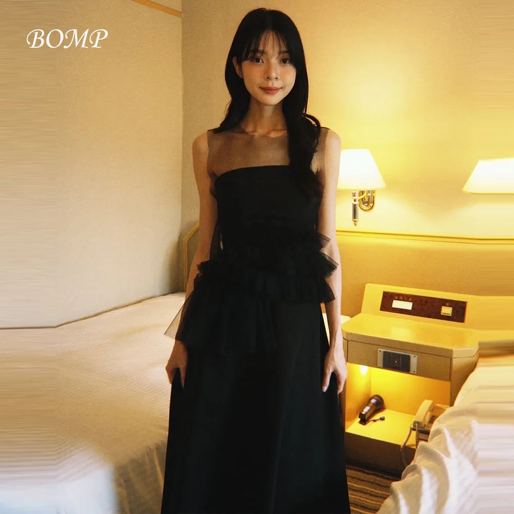 

BOMP Elegant Black Wedding Party Dress O-Neck Tulle Sleeveless Evening Dress Korea Photo Shoot Bridal Reception Gown Customized