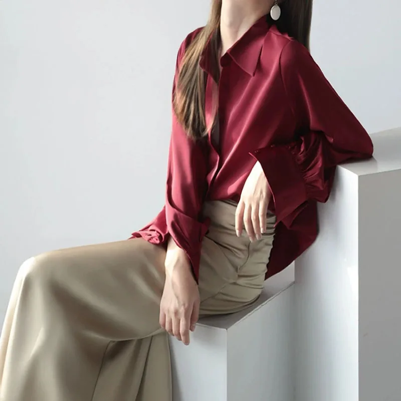 High-end Satin Shirts for Women 2026 Spring Autumn Long Sleeve Loose OL Office Lady Shirt Tops Retro Solid Color Casual Blouses