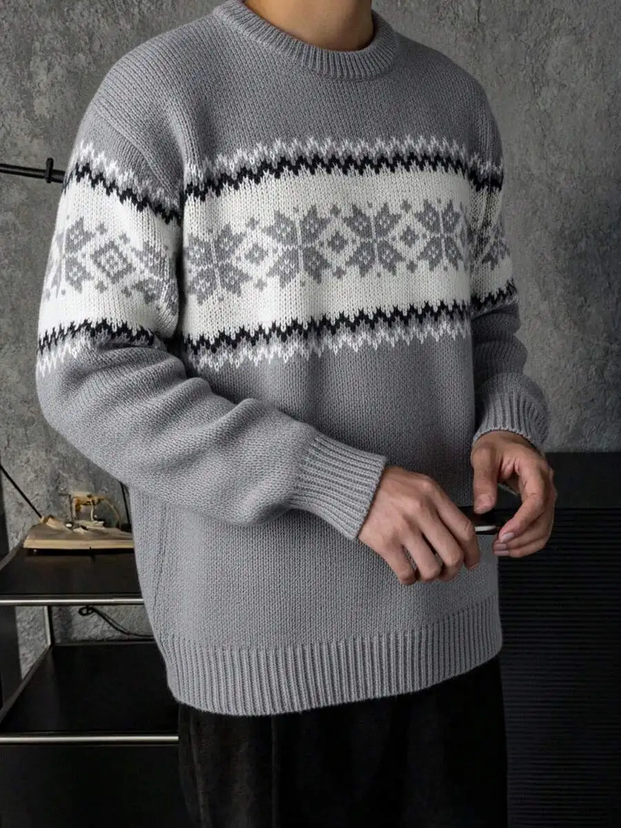 

Мужской серый вязаный свитер с узором Fair Isle для повседневной носки осенью и зимой