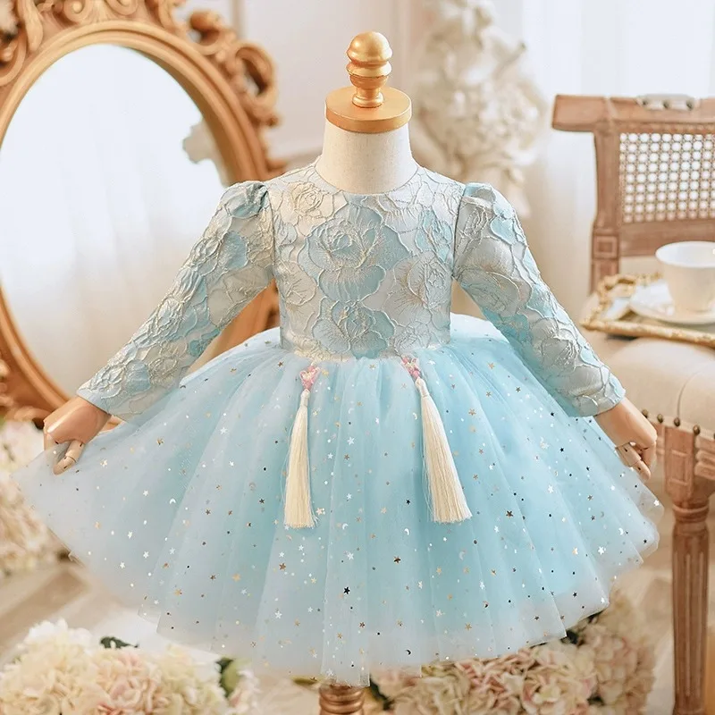 Chinese style Girls Princess Children Jacquard star sequins tutu Wedding Gown Kids Dresses baby infant Birthday Party Dress