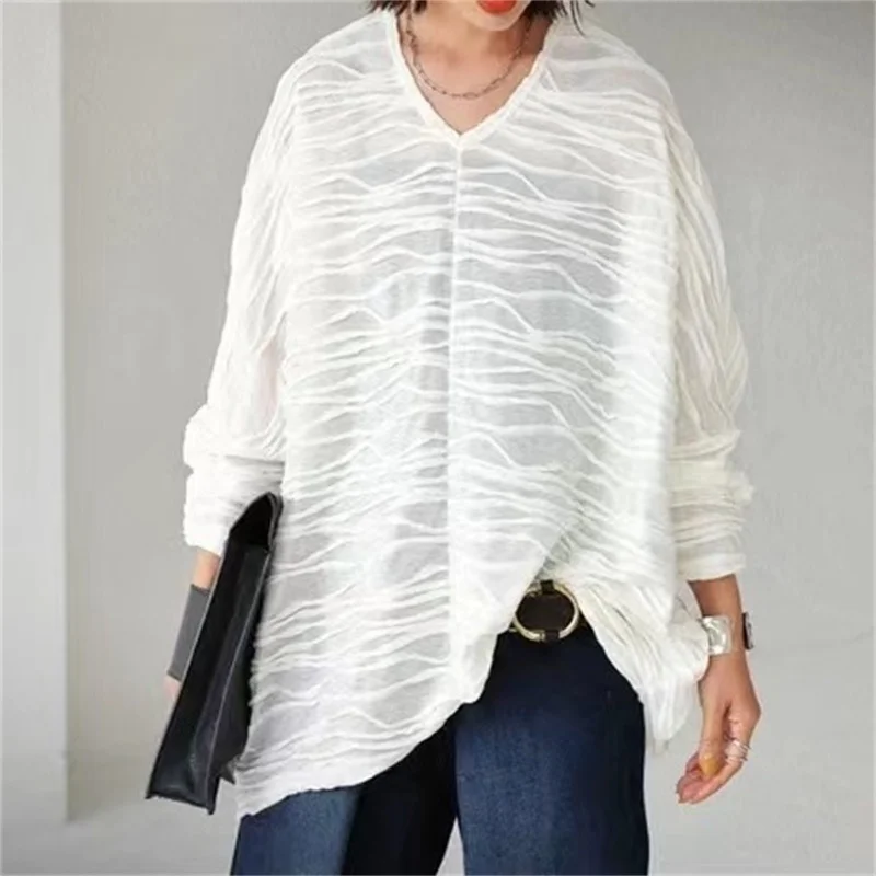 

Японская весенне-осенняя новая женская однотонная свободная футболка с v-образным вырезом и рукавами «летучая мышь» с волнистым узором