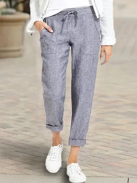 2023 Summer Cotton Linen Women s Pants Black Lace Up Pockets High Waist Casual Pants Spring Female Fashion Office Ladies Bottom Pants Capris AliExpress