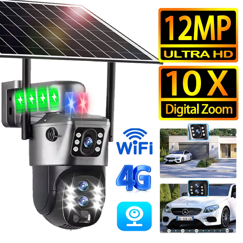 10X Zoom 4G caméra solaire Surveillance extérieure WiFi 6K 12MP trois objectifs 360 PTZ sans fil suivi automatique caméras de sécurité V380 Pro