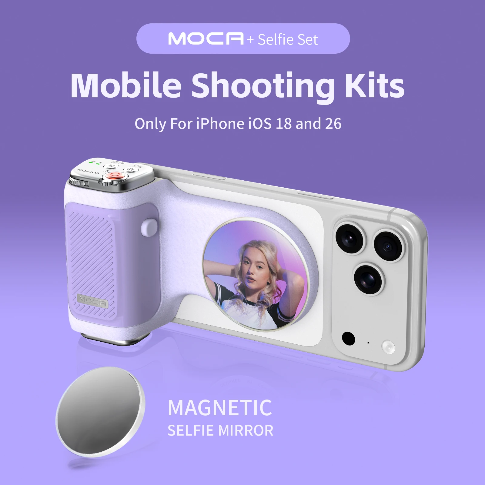 كاميرا COMITOK MOCA iPhone، جهاز تحكم عن بعد قابل لإعادة الشحن، قفل تركيز من الدرجة DSLR، تصميم مريح + ضوء/مرآة ملء اختيارية