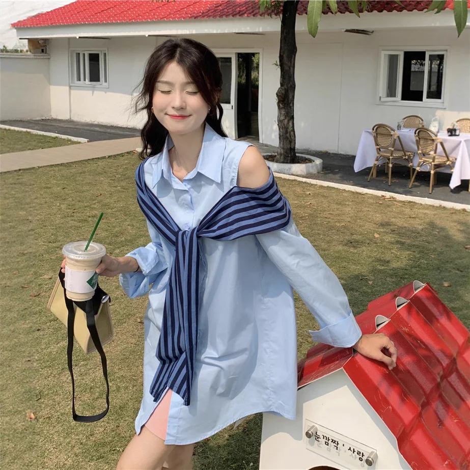 2025 여성 가을 디자인, 니치 예술적 감각, 시크한 숏 스커트 오프숄더 폴로 칼라 셔츠 드레스