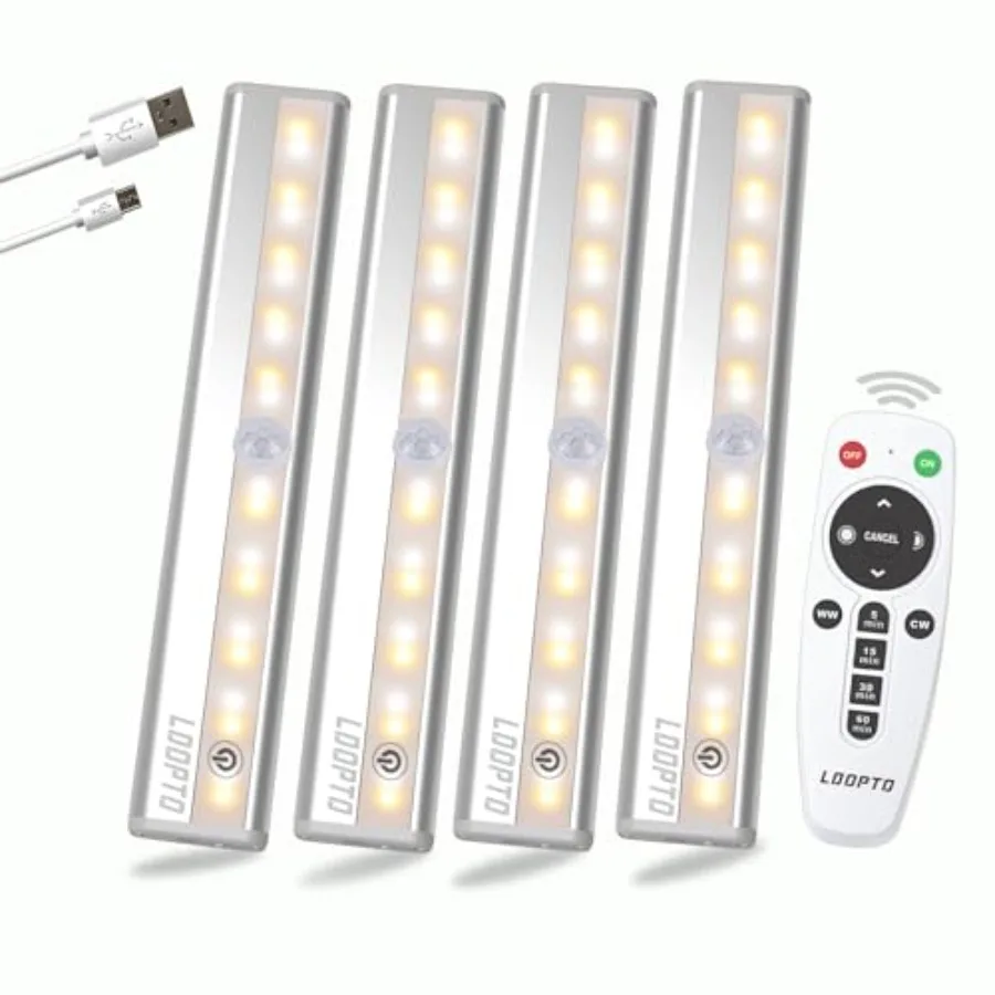 Under Cabinet Lights Wireless 4 Pack, Rechargeable Battery Operated Lights with Remote, Dimmable Led Closet Lights, Under Count