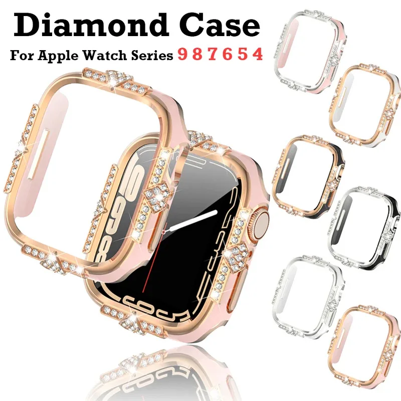 

Diamond Cover For Apple watch Case 45mm 41mm 44mm 40mm Tempered Glass+Bling Bumper Screen Protector iWatch series 9 8 7 6 5 4 SE