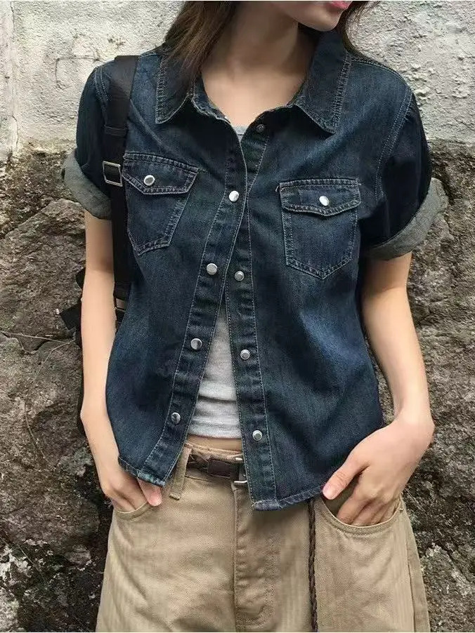 Retro Denim Short Sleeve Shirt Women's Casual Thin Cotton Blend Summer New Style Loose Slimming Versatile Trendy Vest Jacket