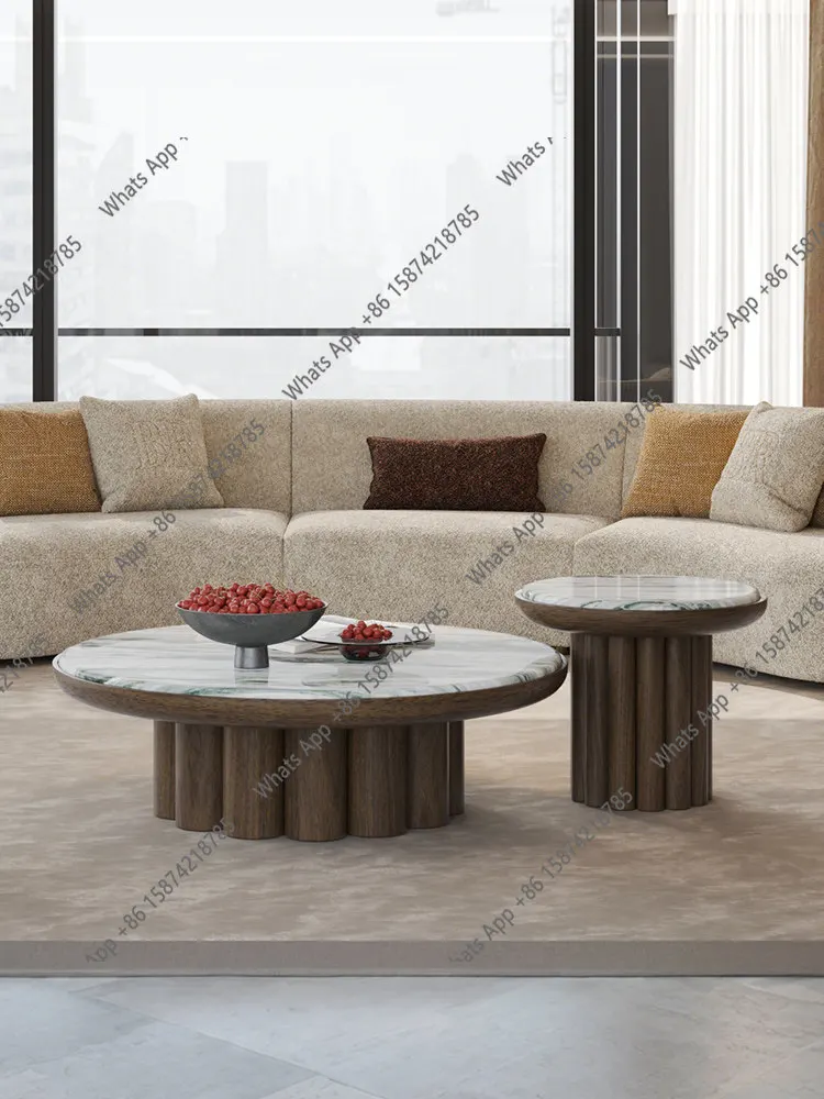 Natural marble coffee table fashion, high-end medieval style Italian size round table combination