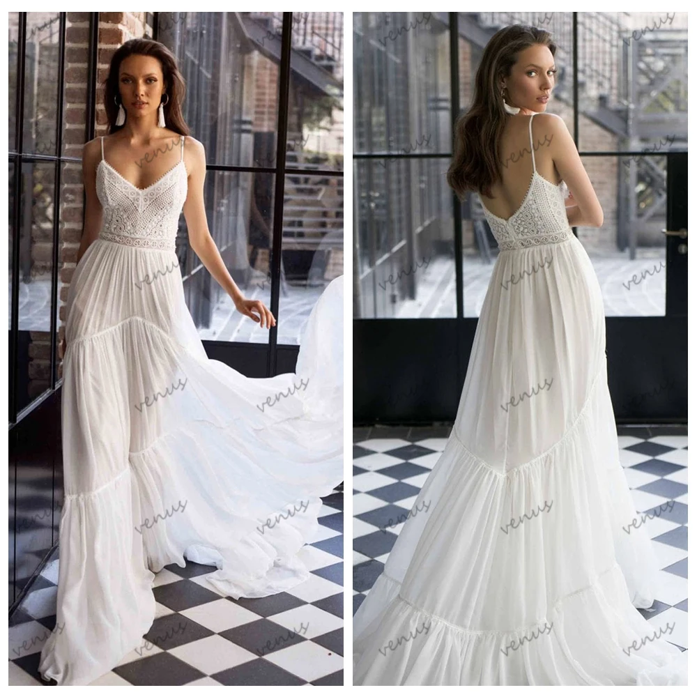 Abiti da sposa della boemia a-line abiti da sposa in pizzo spalline sottili abiti lunghi fino al pavimento per feste formali eleganti abiti da sposa