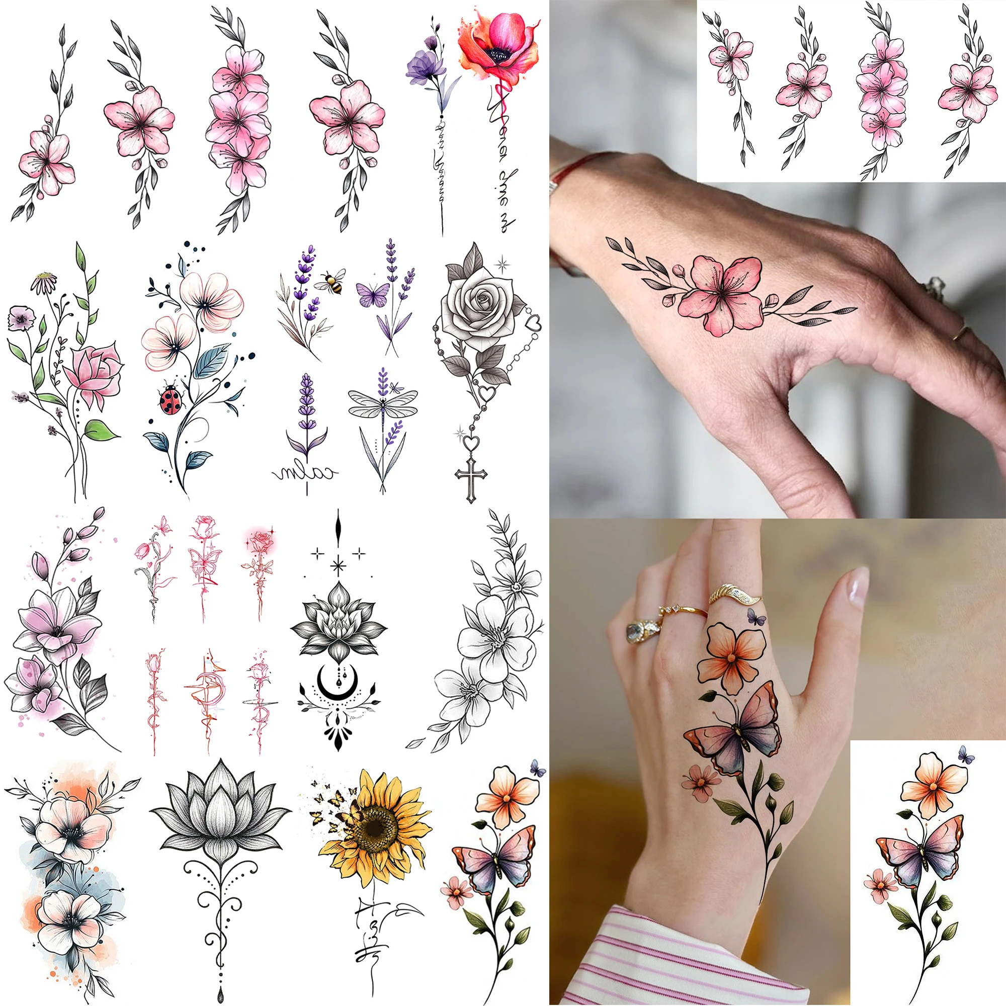 1 Sheet Peach Blossom Lotus Sunflower Rose Temporary Tattoos For Women Hands Arm, Fake Tattoo Sticker Realistic Tatoos Last Long