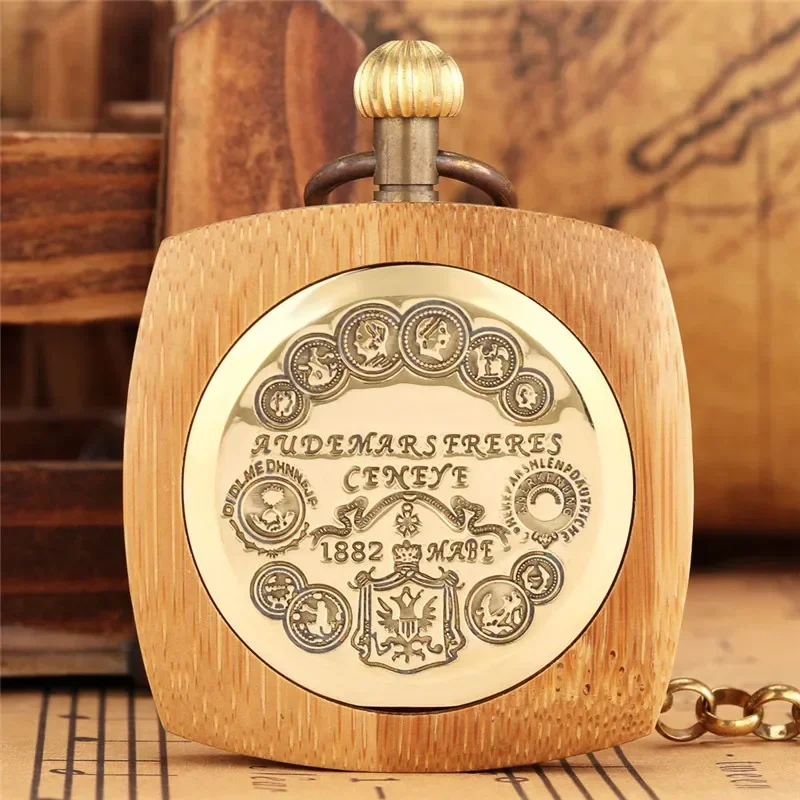 Antique Wooden Pocket Watch Square Case Men Women Automatic Mechanical Watches Roman Number Dial Pendant Chain Timepiece