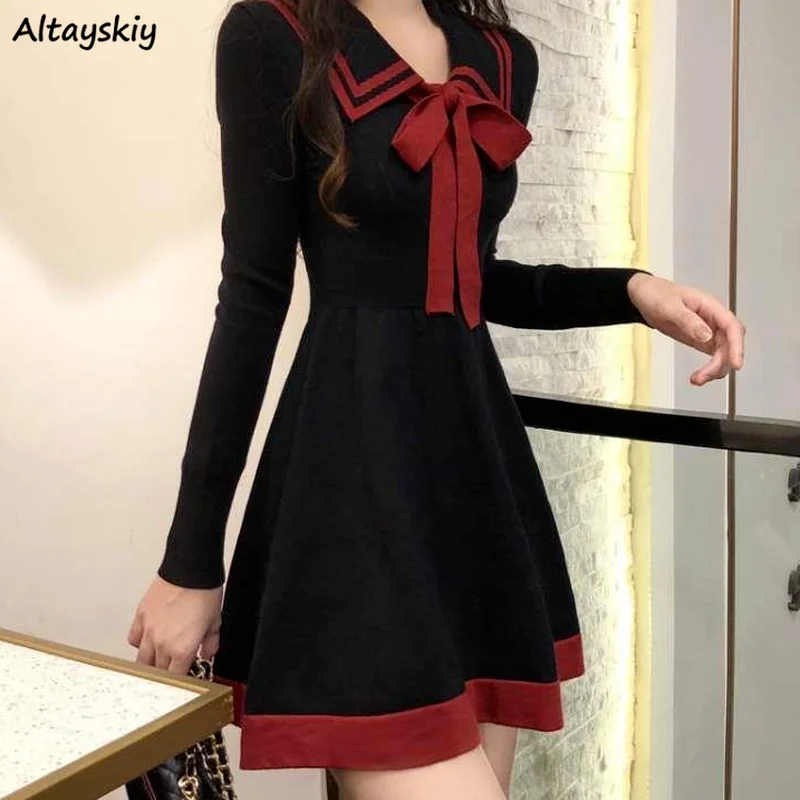 Long Sleeve Dress Women Mini Vestidos Spring Korean Preppy Style Cute Girls Patchwork Basic Party Wear Tender Tunic Streetwear