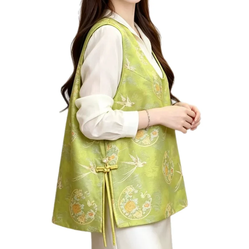New Chinese Style Vest Jacquard Satin Qipao Tops Sleeveless Vintage Button Daily Casual Tang Clothes Embroidery Elegant Clothes