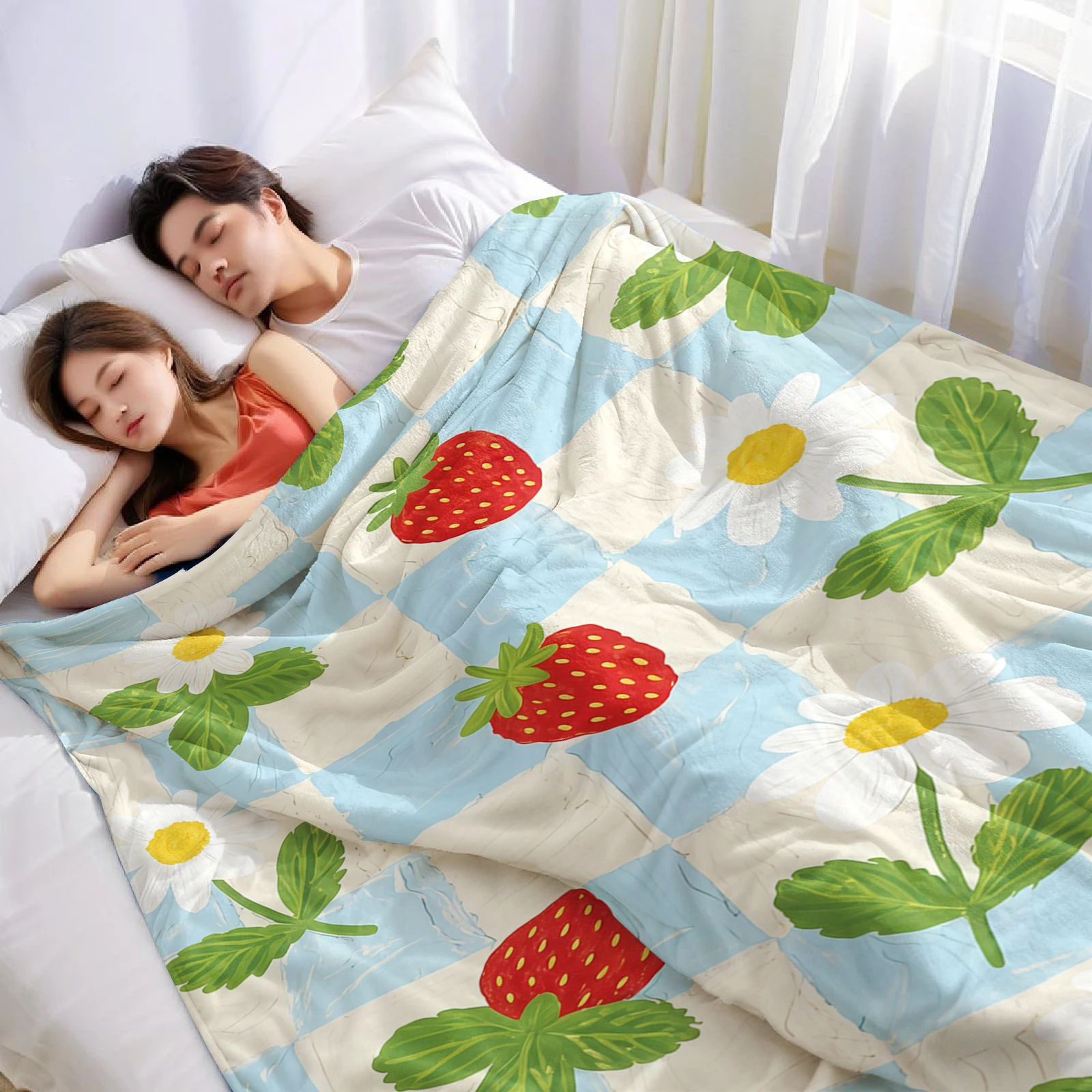 Check Strawberry Daisy Ultra Soft Sherpa Fleece Blanket Fluffy Warm Halloween Cozy Throw for Sofa Couch Bedroom Gift All season
