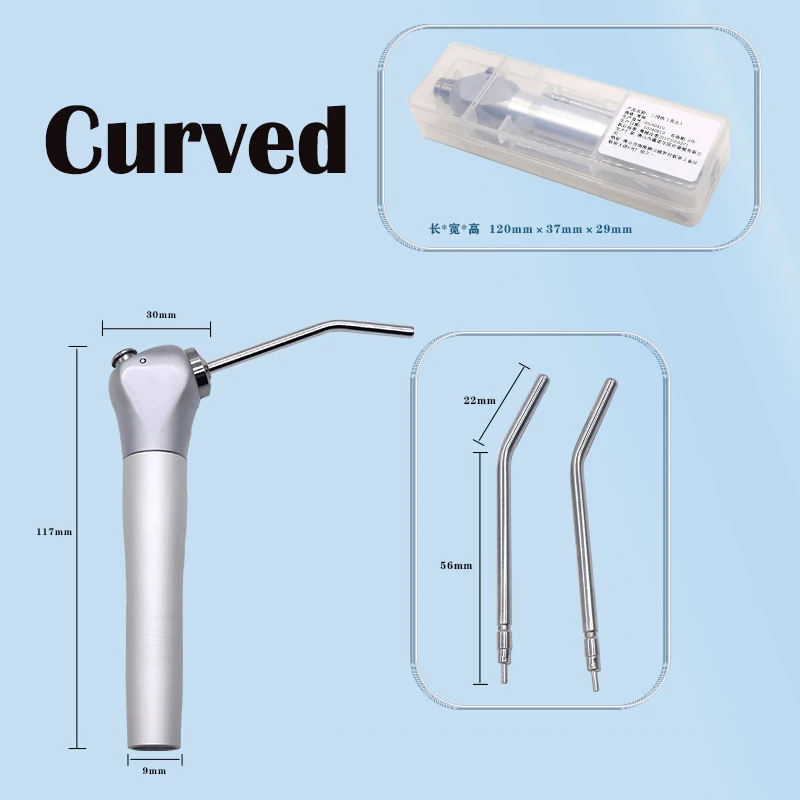 Stainless Steel Dental Air Water Spray Syringe Handpiece 3-Way Triple Injection Gun Curved With 2Pcs Nozzle Tips Tube Rod