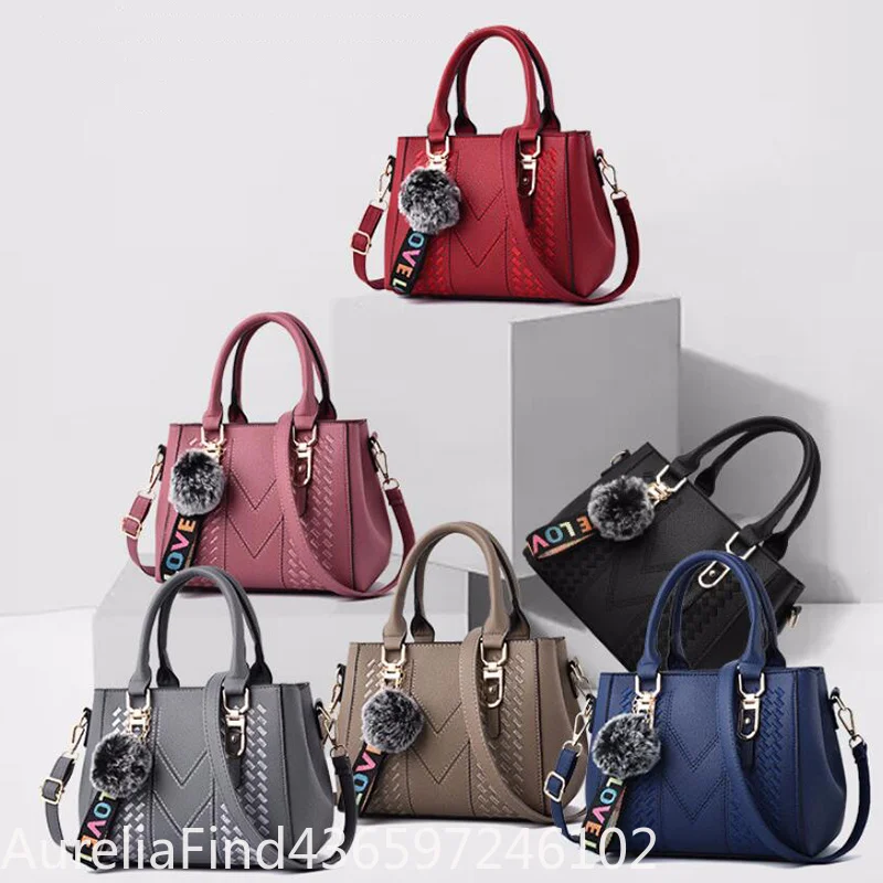 Women Embroidery Messenger Bag PU Leather Handbag with Hair Ball Pendant Casual Crossbody Shoulder Bag Sac a Main