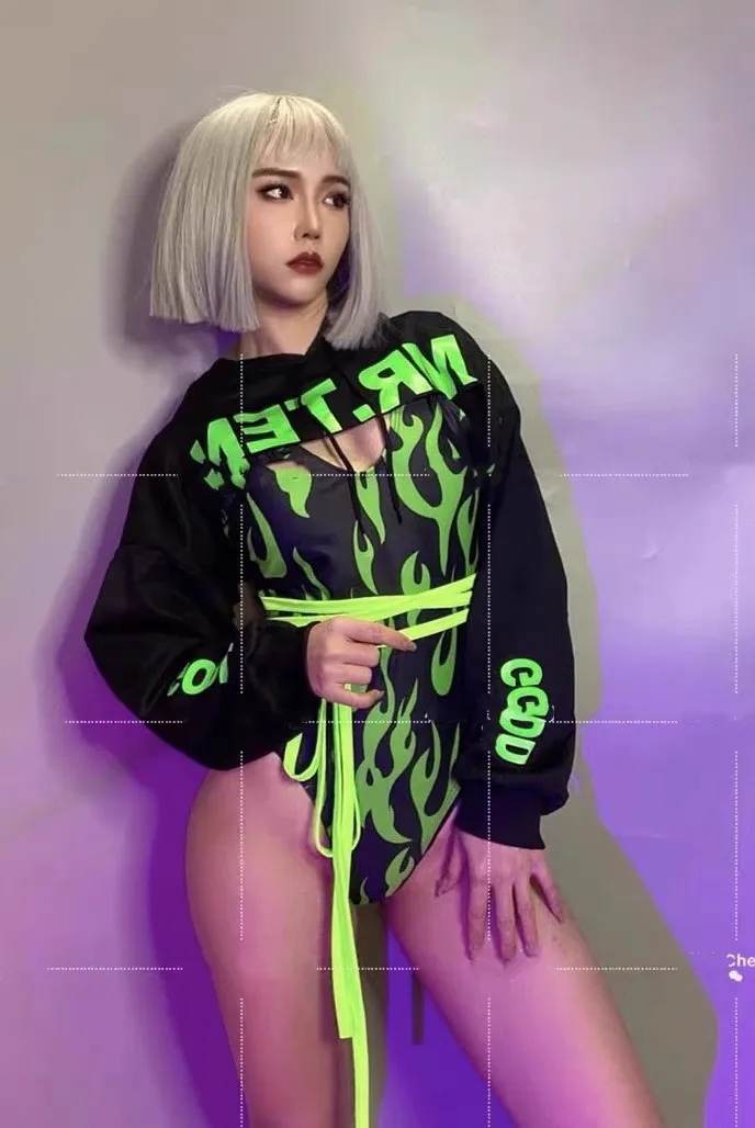 Bar Gogo Nightclub Girl Group Sports Hoodie+Green Flame Bodysuit Outfits Party Theme Singer Dance Stage Club Nightclub Rave Wear