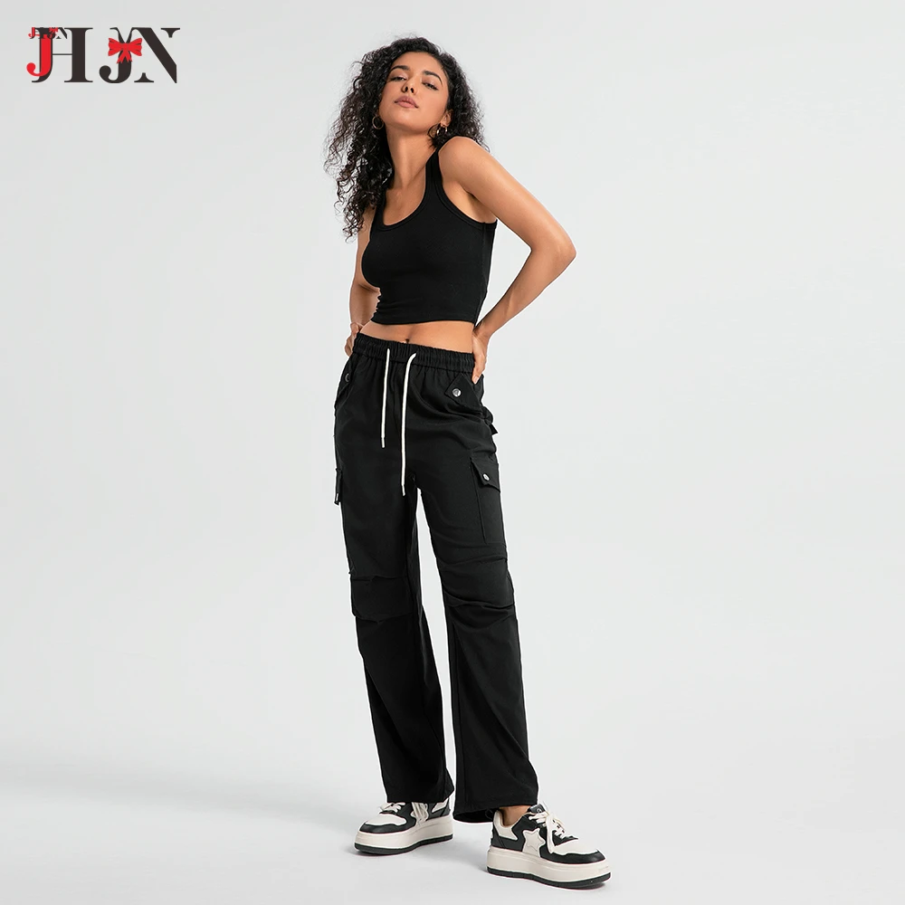 JHJN سراويل نسائية جديدة برباط بأرجل واسعة ملابس عمل فضفاضة سراويل هيب هوب كبيرة ملابس نسائية عصرية