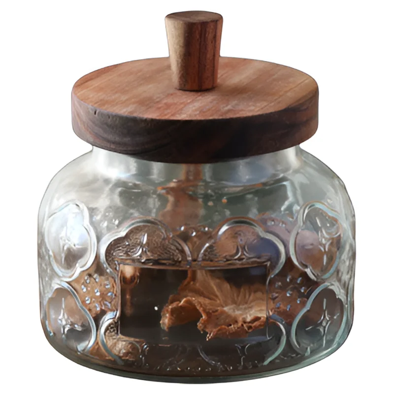 Retro Embossed Haitang Pattern Storage Jar Wooden Cover Storage Box Kitchen Household Miscellaneous Grains Snacks Storage Jar