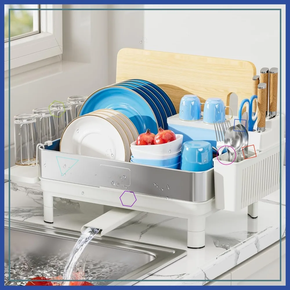 

304 Stainless Steel Dish Drying Rack with Automatic Drainage, Utensil & Cup Holder, Space Saving Kitchen Organizer in White